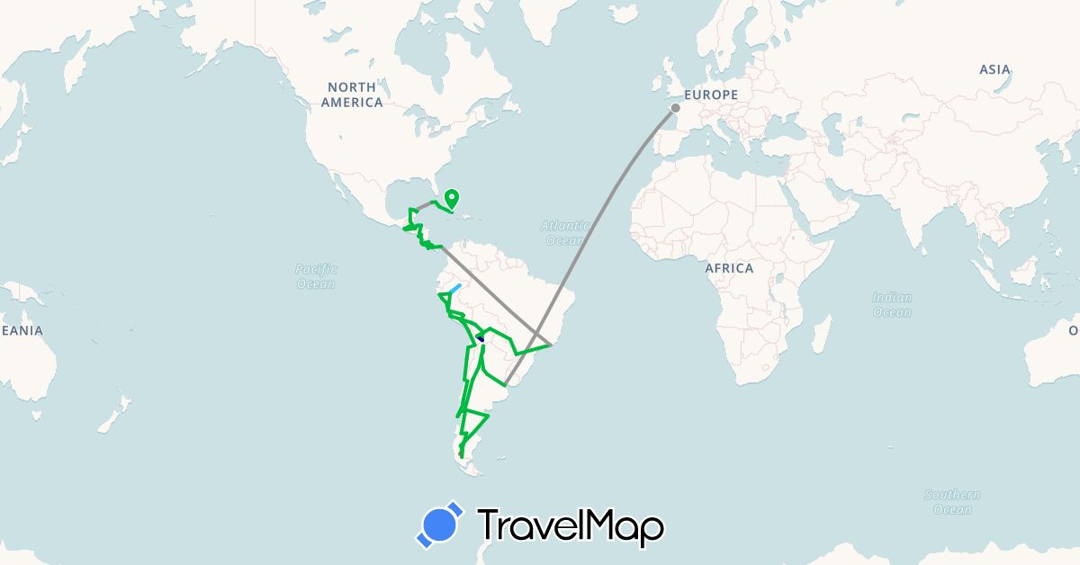 TravelMap itinerary: driving, bus, plane, hiking, boat in Argentina, Bolivia, Brazil, Chile, Costa Rica, Cuba, France, Guatemala, Honduras, Mexico, Nicaragua, Panama, Peru (Europe, North America, South America)